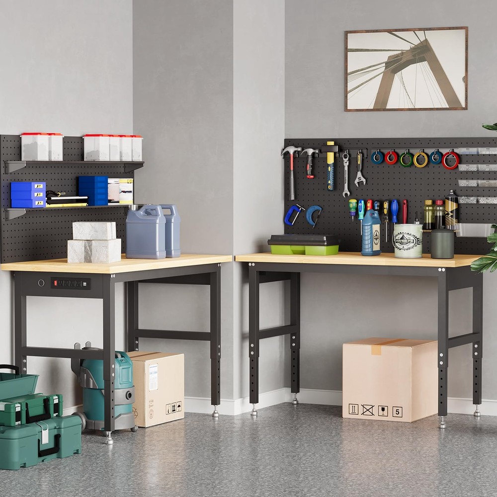 Heavy Duty 60in Workbench Adjustable Height Pegboard Table with Power Outlets