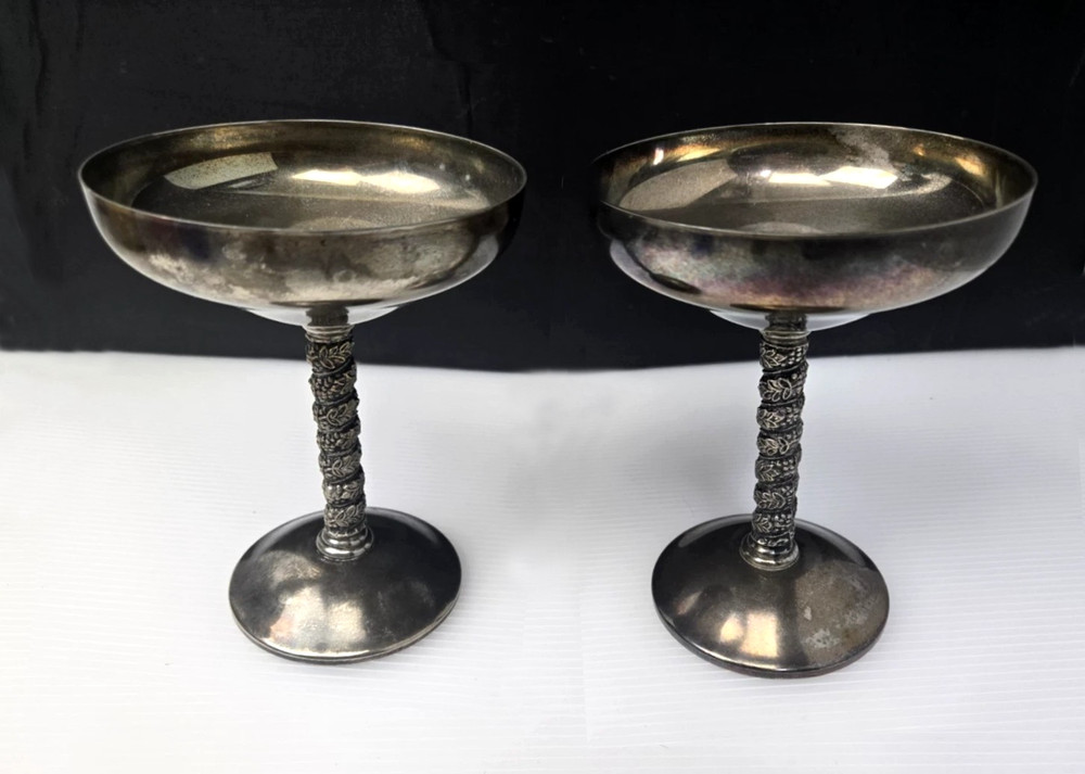 2 Vintage Roma S.L. Champagne Goblets Spain Twisted Grapevine Stem Silver Plate