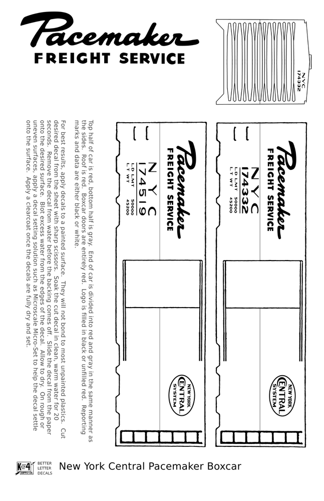 K4 HO Scale Decals New York Central Pacemaker Boxcar