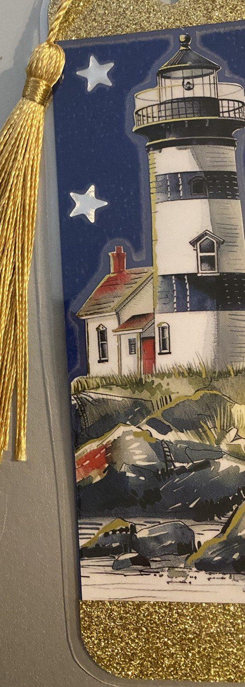 Lighthouse and Star Bookmark with Tassel - Laminated with Glitter Borders 6x2"