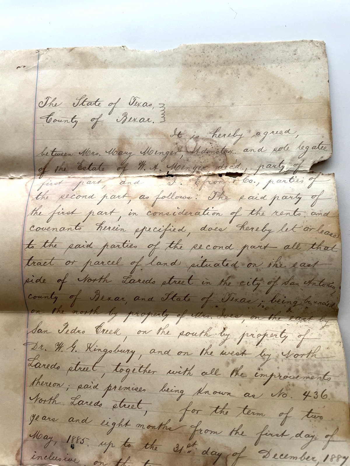 1885 San Antonio Texas Lease Document Mary Menger East Side North Laredo Street