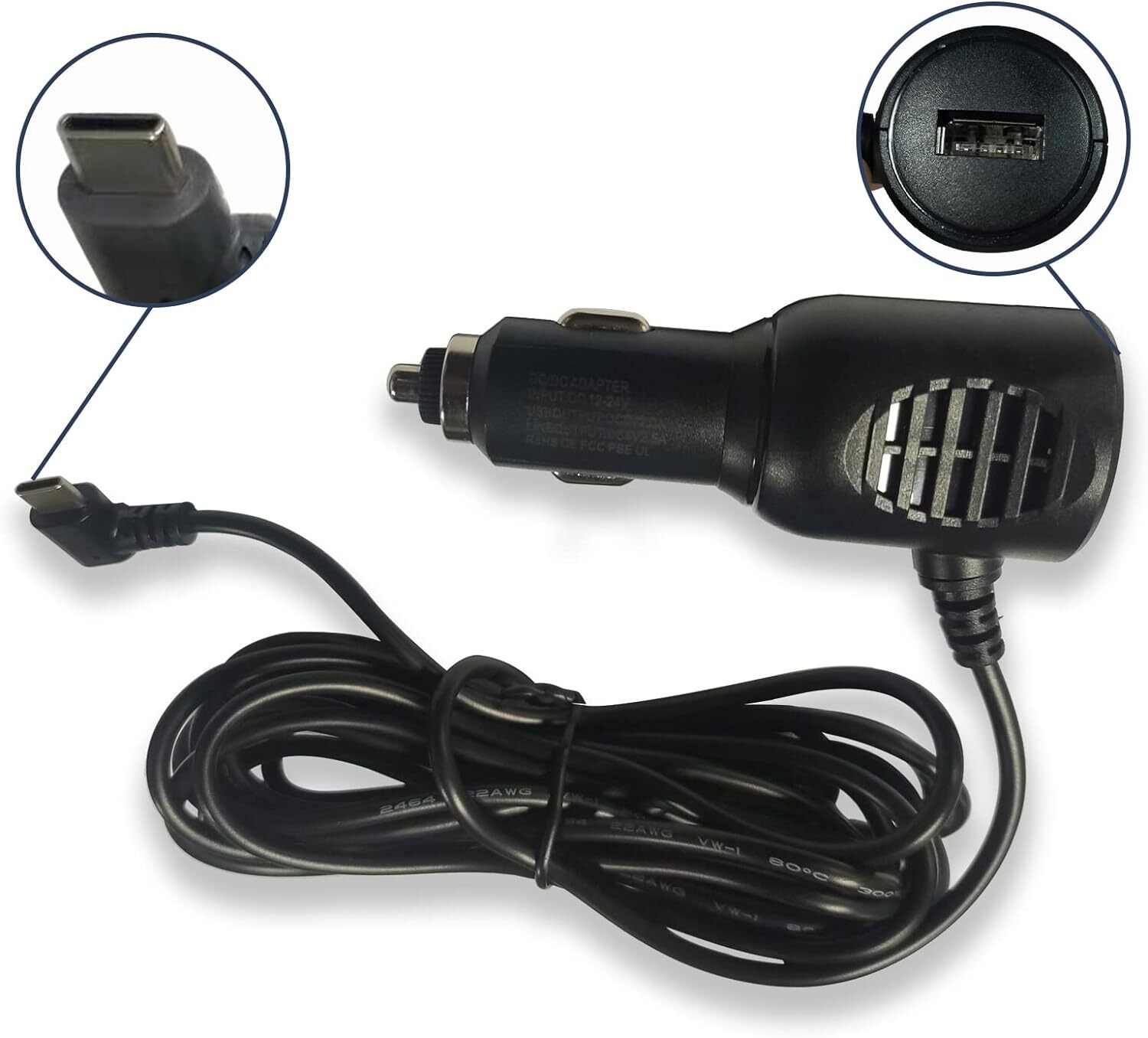 Car Charger Type-C Adapter for Dash cam, Replacement Vehicle Power Cable Cord