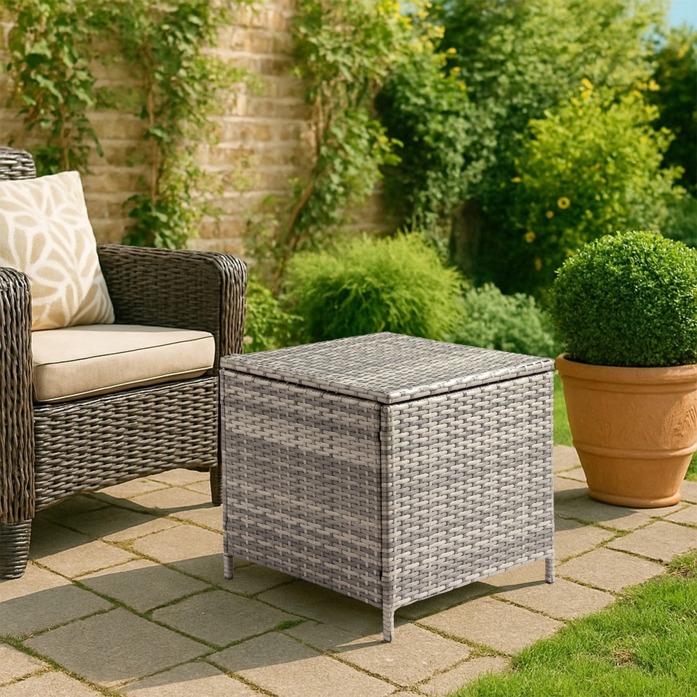 PE Wicker Side Table with Storage, Patio Rattan End Table Square Container