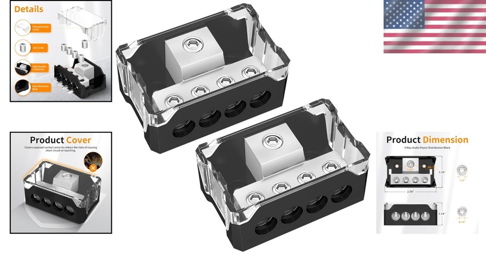 High-Performance 4-Way Power Distribution Block for Car Audio Systems - 2 Pack