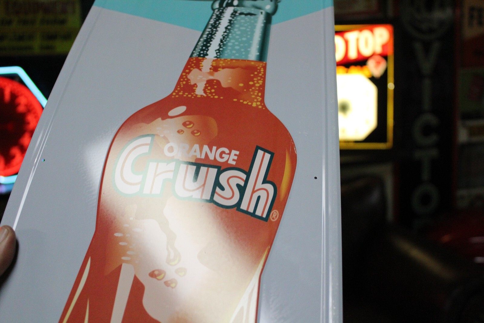 RARE ENJOY ORANGE CRUSH SODA POP VERTICAL EMBOSSED METAL SIGN BOTTLE STORE GAS
