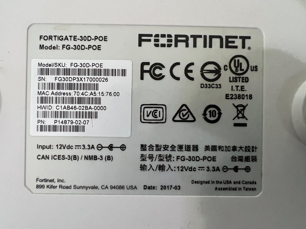 Firewall Fortinet Fortigate FG-30D Network Security Appliance