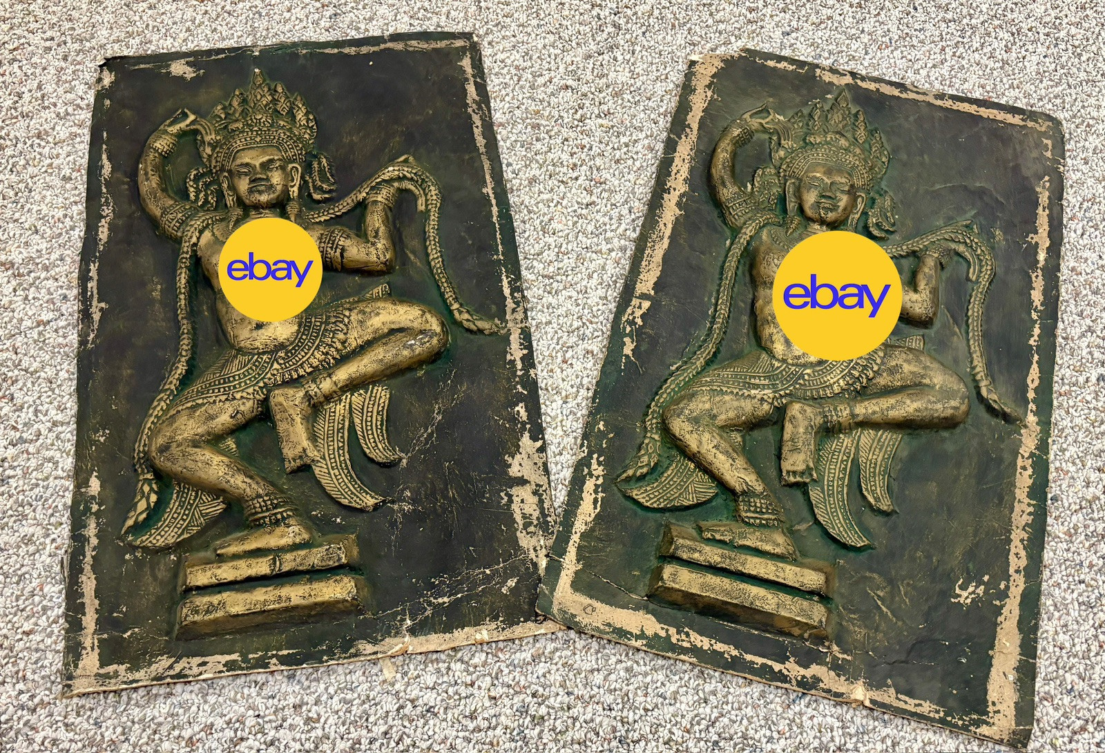 Vintage Rubbings Apsaras Dancing Pair Rice Paper Art Bas Relief Cambodian Thai