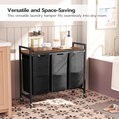 Laundry Sorter 3 Section, Laundry Hamper with Wheels, 3 × Rustic Brown + Black