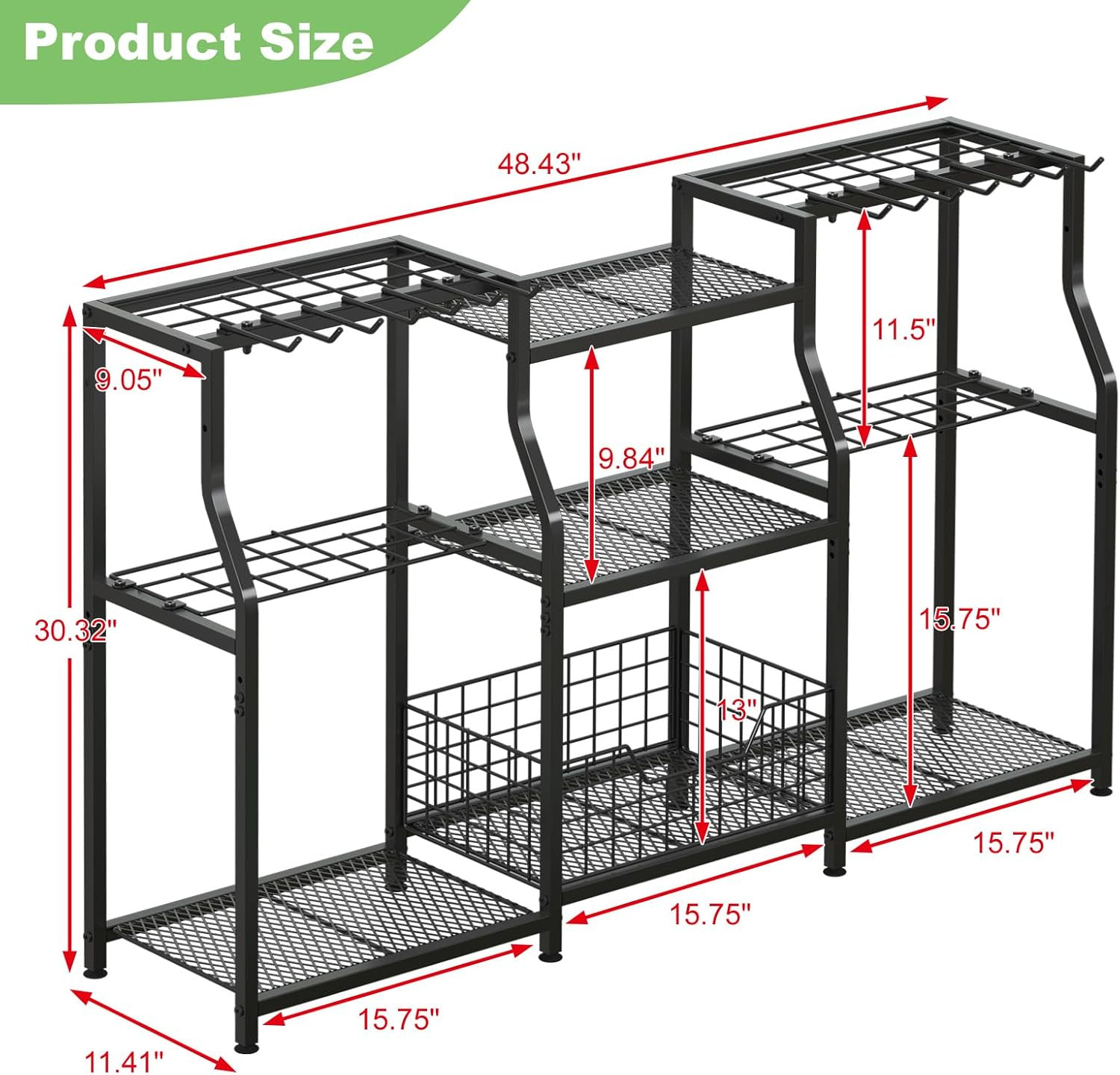 Heavy Duty Garden Tool Organizer Rack - 3 Tier Storage with Hooks