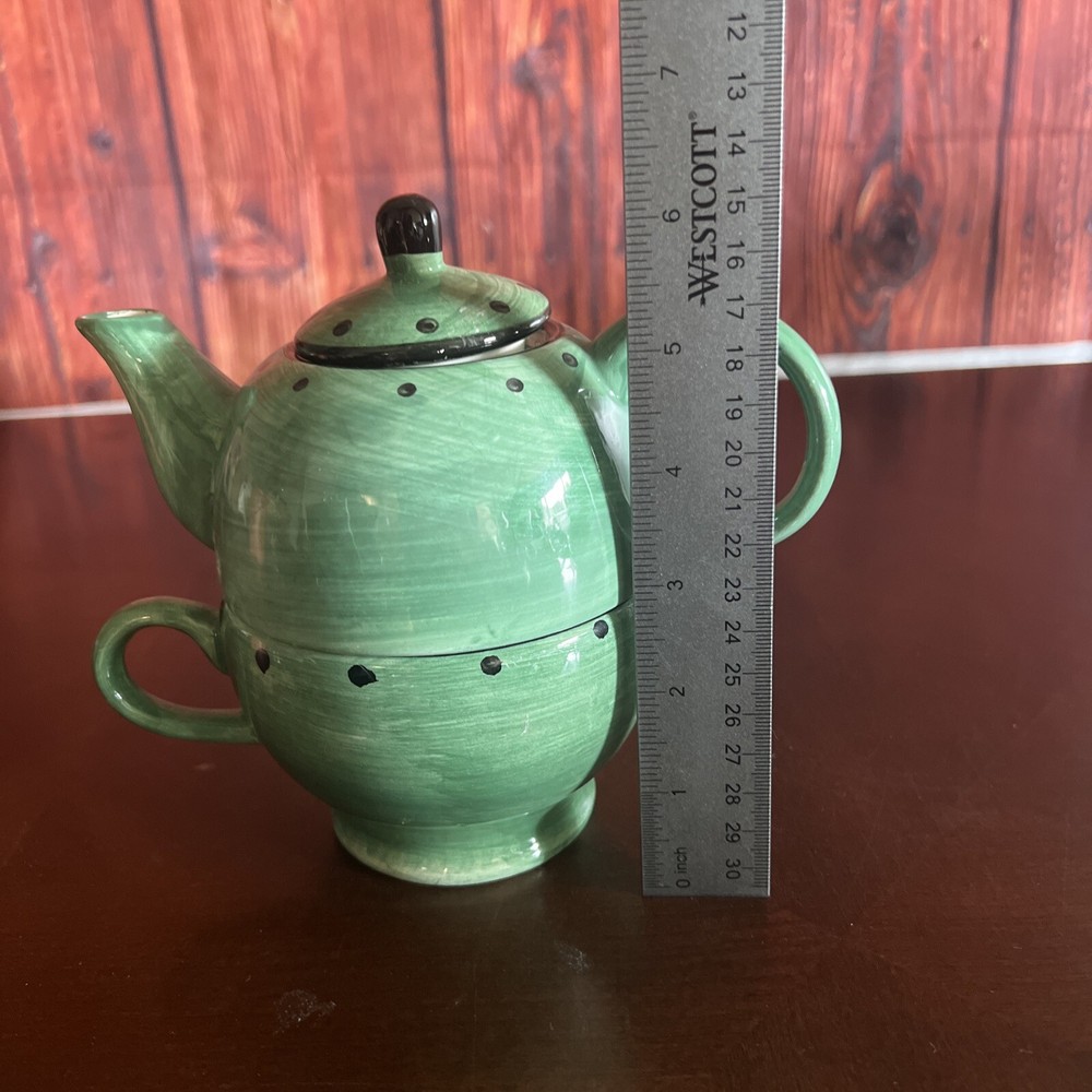 STACKABLE CUP TEA POT DESIGN PAC GREEN BLACK &black Polka Dots