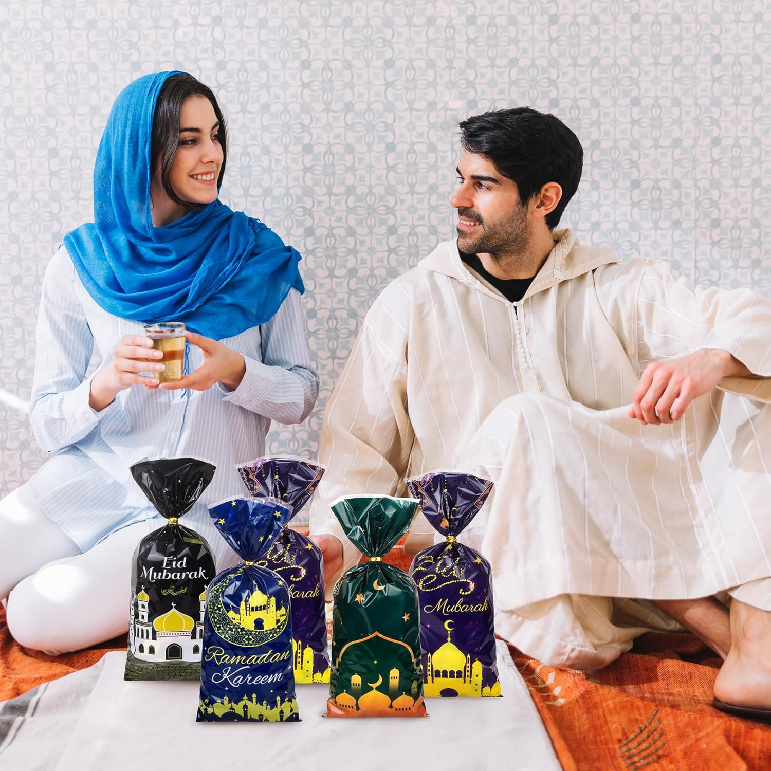 Eid Mubarak Cellophane Treat Bags, 100Pcs Ramadan Plastic Clear Goodie Bags with