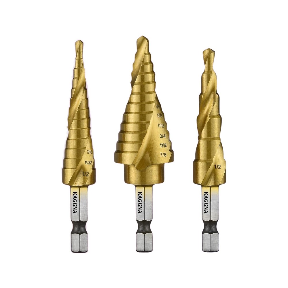 KAGGNA Step Drill Bit Set, Titanium Coated Bits, 3 Pcs, Spiral Grooved...
