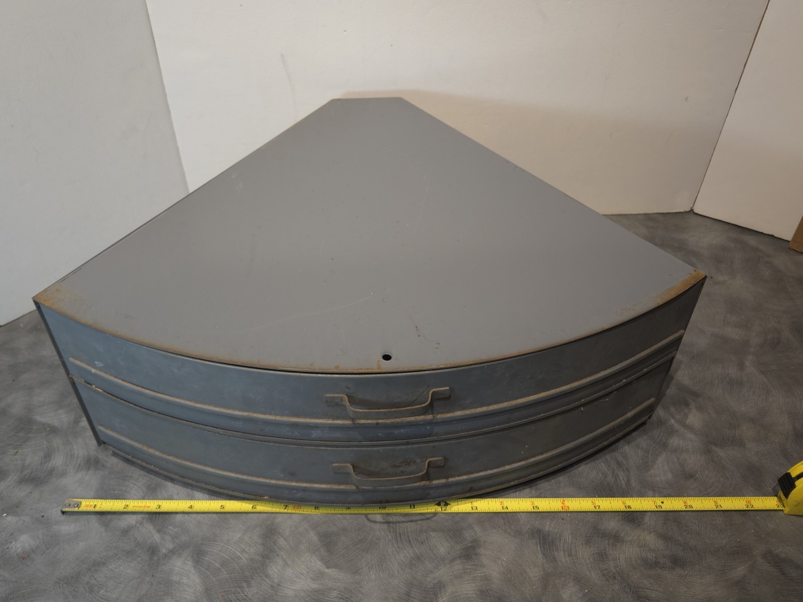 Vintage Industrial Metal Pie Shaped Corner Hardware Parts Bin 3 Drawer Cabinet