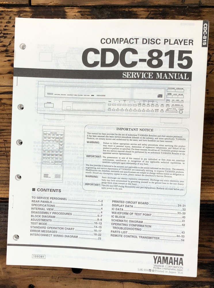 Yamaha CDC-815 CD Player Service Manual *Original*