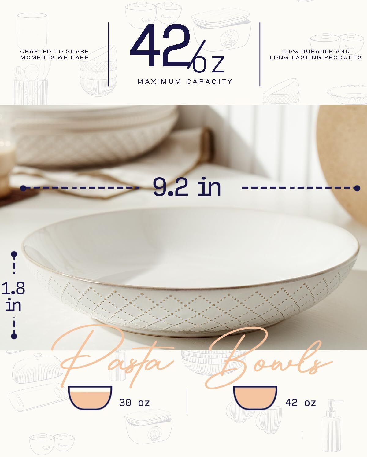 Pasta Bowl, Large Salad Serving Bowl (9.2 in./42 oz.), Ceramic Dish Set of 4
