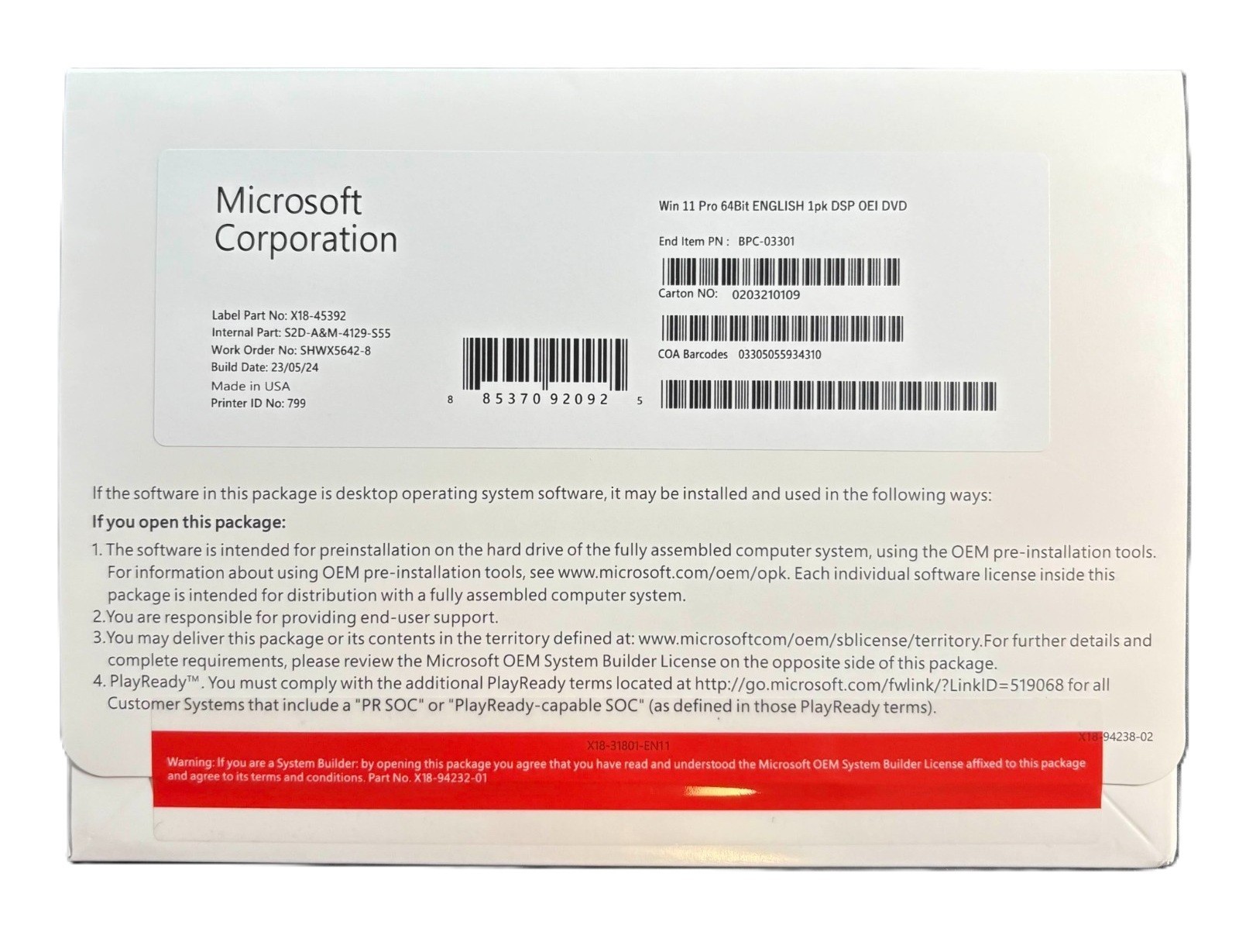 Microsoft Windows Win 11 Pro 64 bit DVD