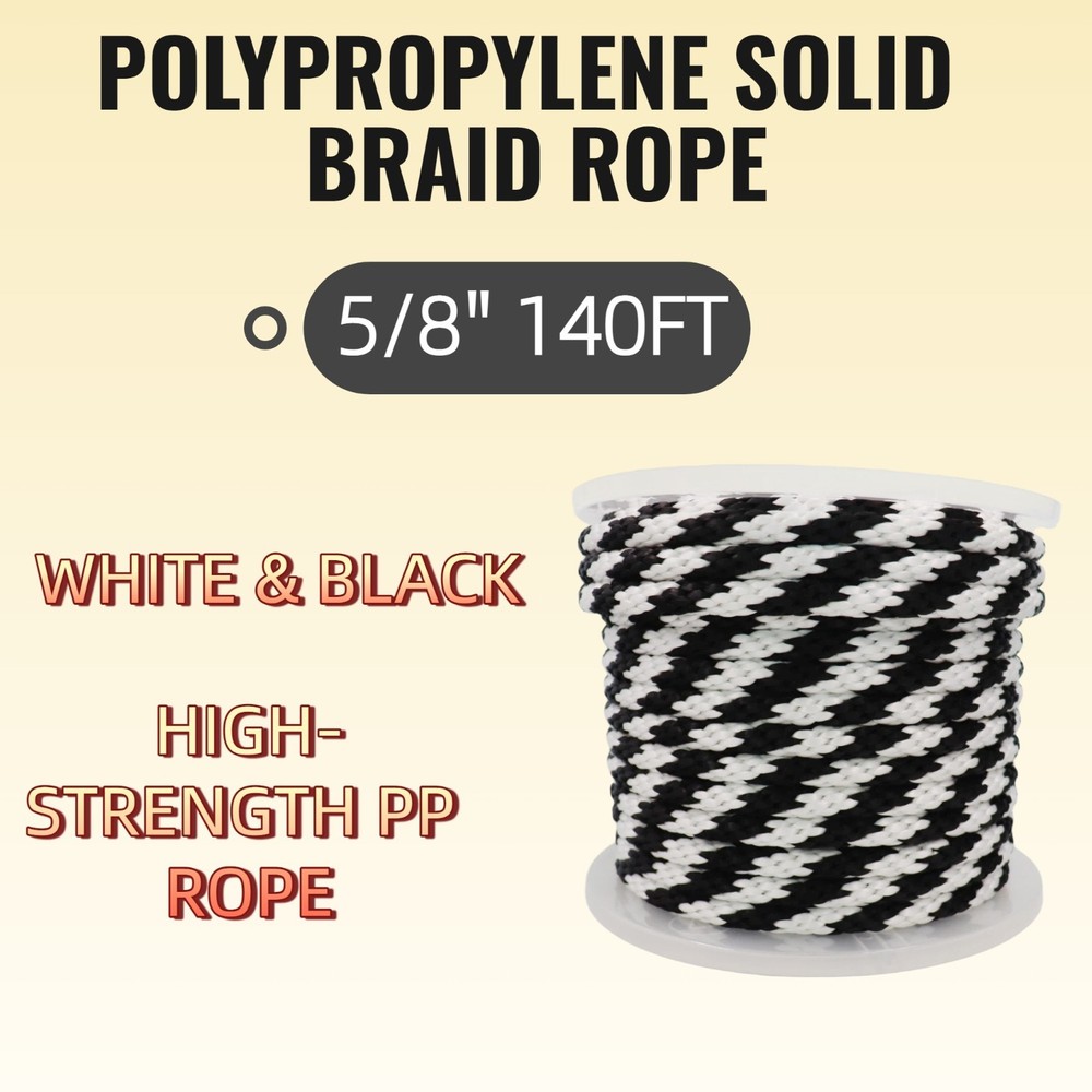 5/8'' 140FT Polypropylene Solid Braid Rope Black White