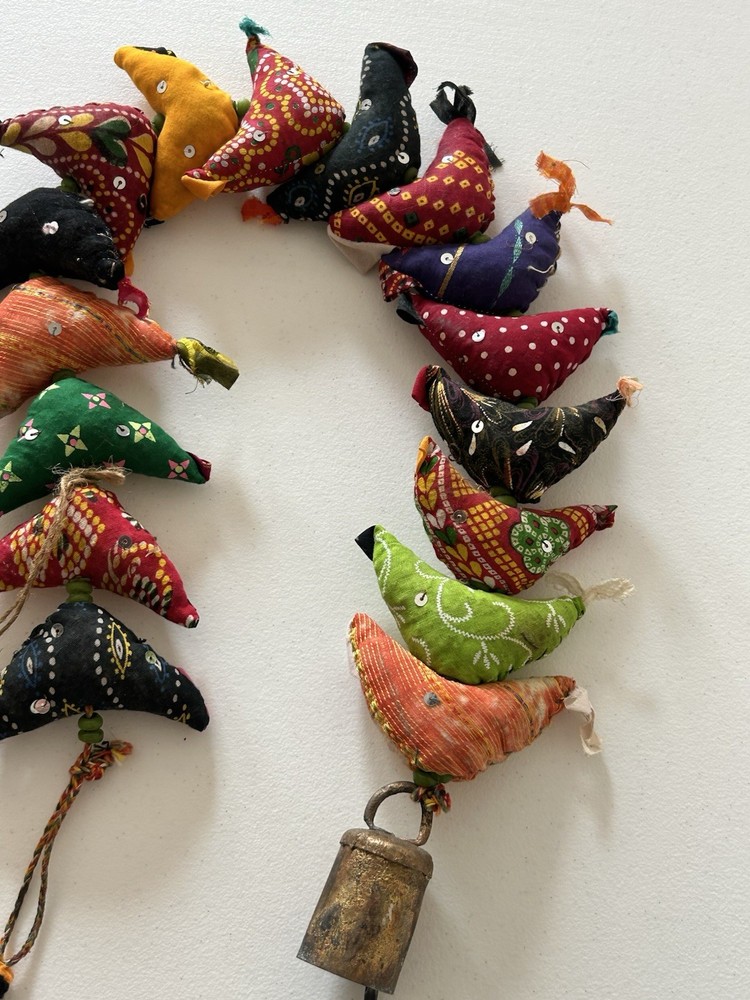 Hanging Cloth Fabric Stuffed Birds With Brass Bell 34”