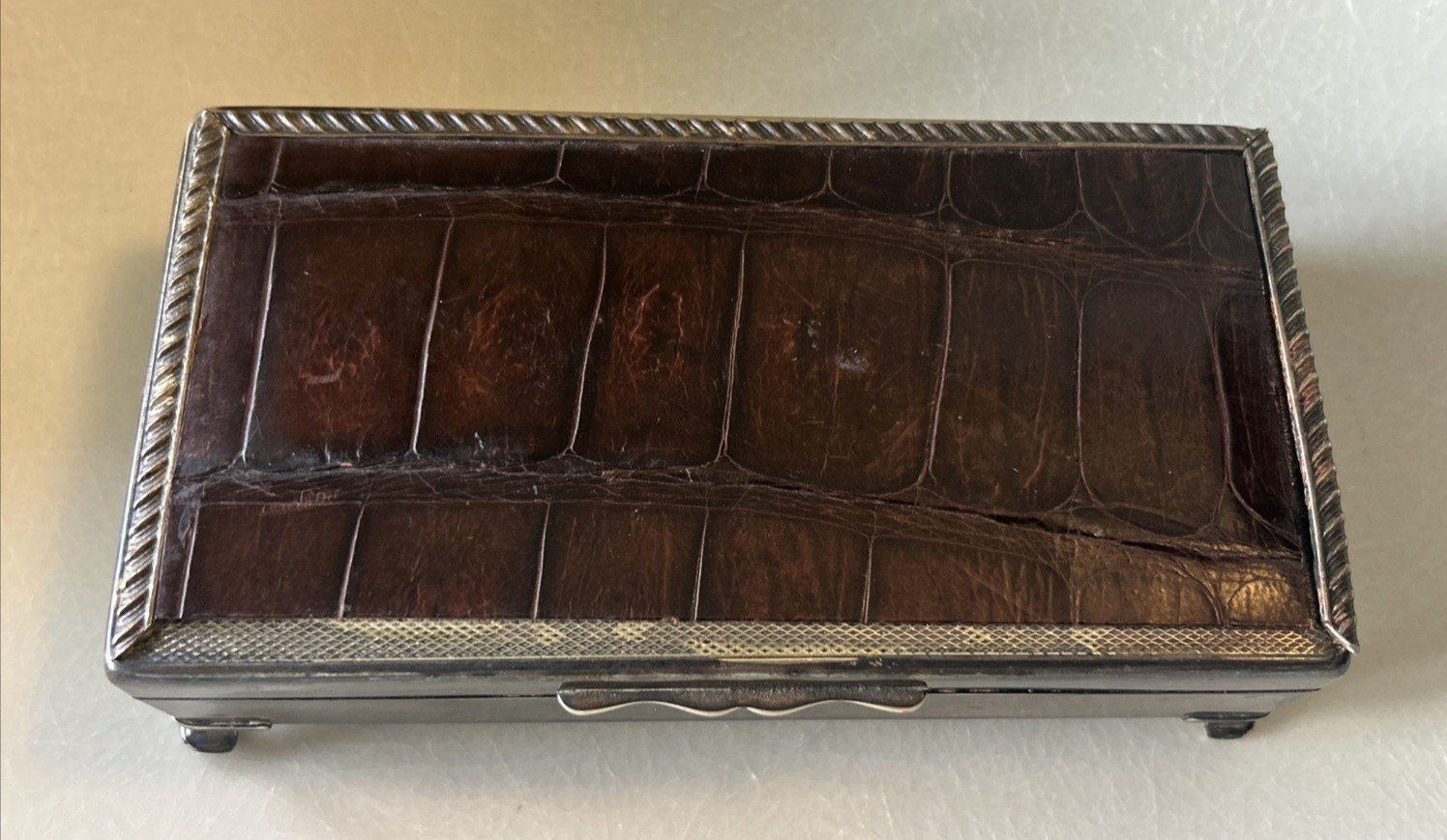 Aristocrat Silver Plate w/ Crocodile/ Alligator Top Cigarette Box Wood Lining