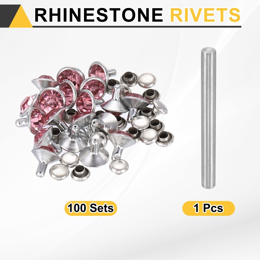 100pcs Crystal Rivets 9mm Rhinestone Stud with Installation Tool, Silver Pink