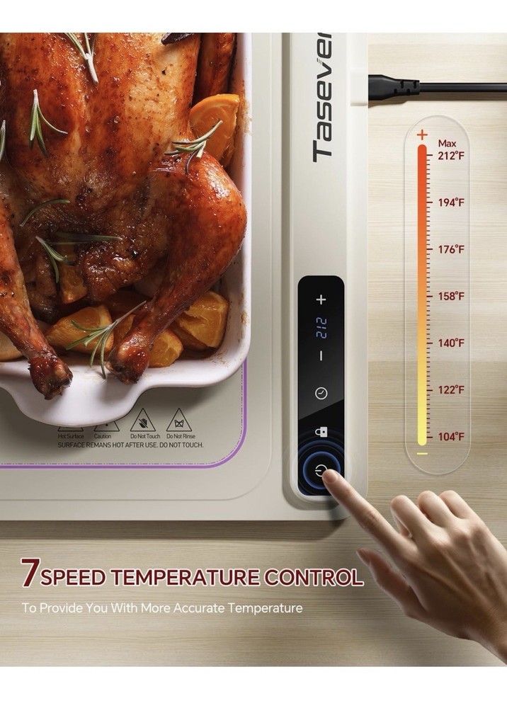 Electric Warming Tray Large Beige Plastic 7-Speed Temp Control Rectangle