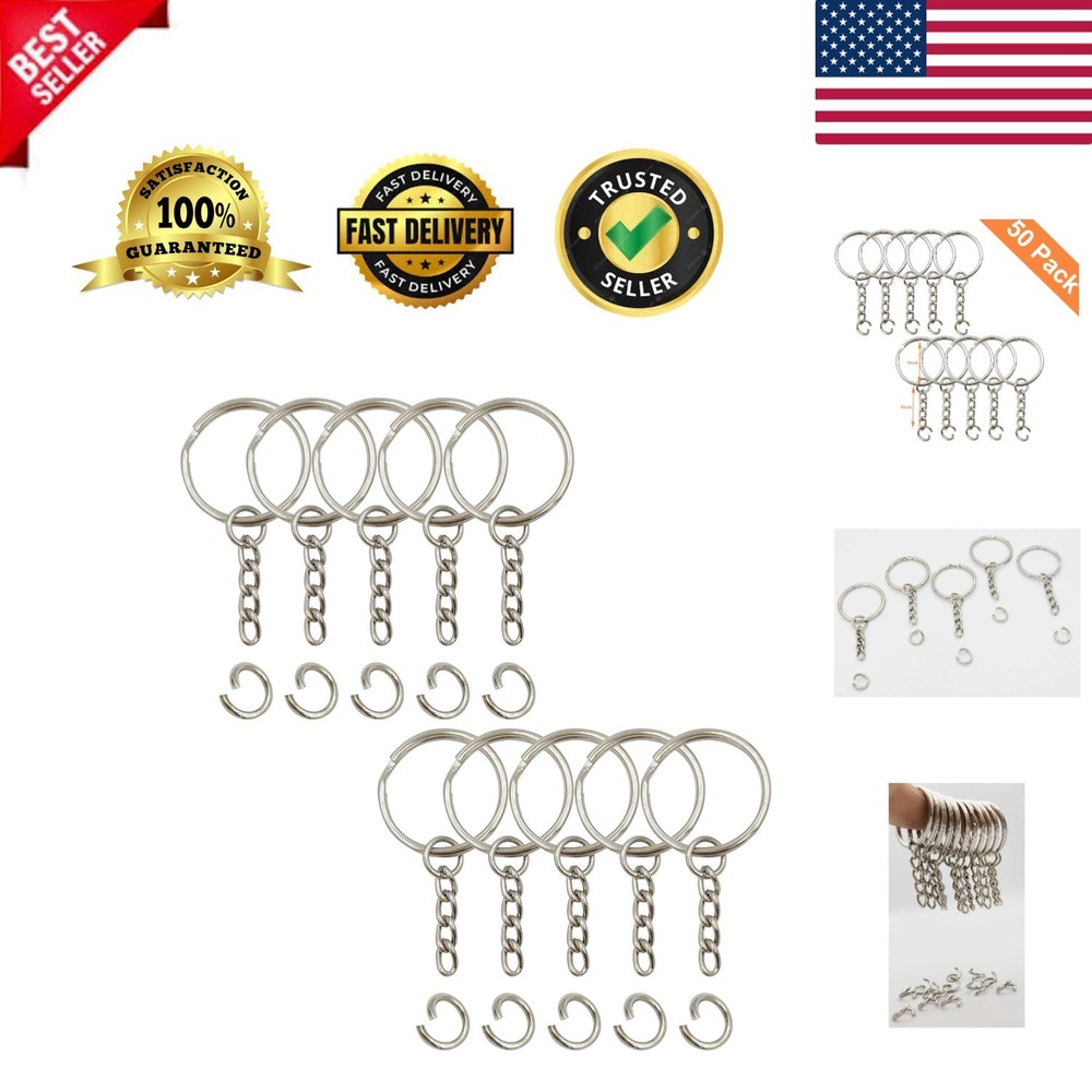 Key Ring with Chain and Open Jump Rings 1 inch, 50 Pack