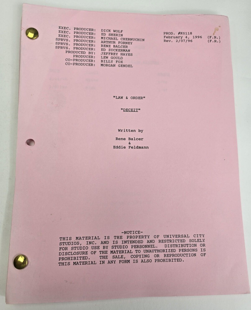 LAW & ORDER / Rene Balcer 1996 TV Script, Peter Riegert & Tom O'Rourke "Deceit"