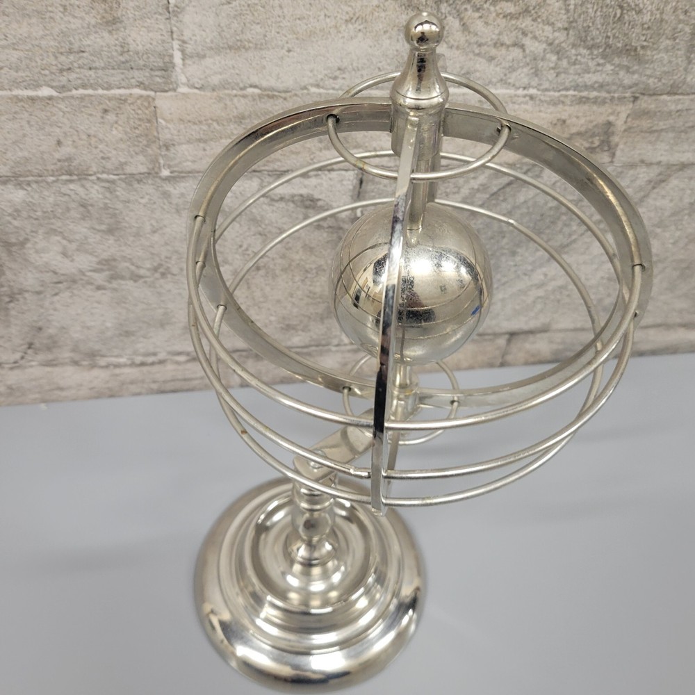 Silver Lacquered Metal Rotating World Globe 11" Desktop