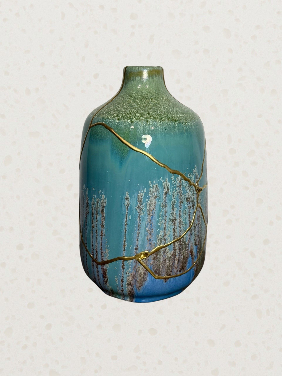 Kintsugi Ceramic Bottle Vase Gold Repair 10” Ocean Glaze Wabi Sabi Decor