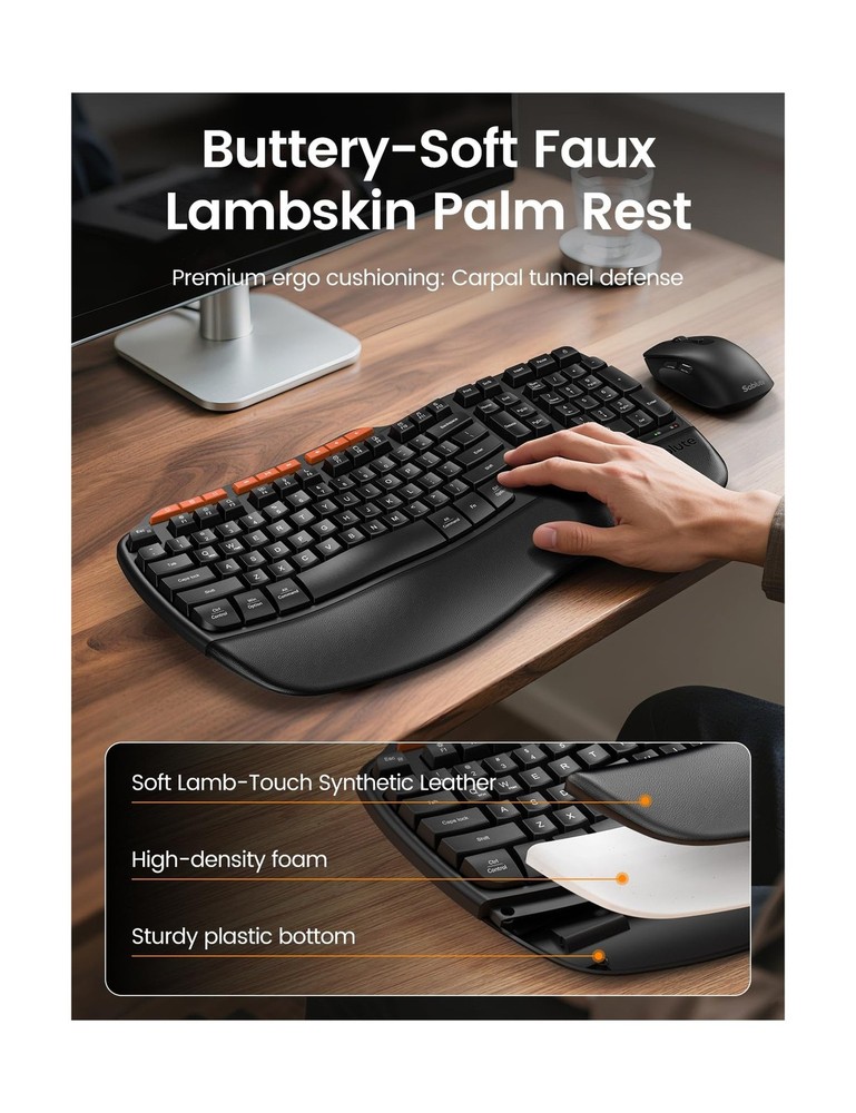 Ergonomic Wireless Keyboard & Mouse Combo USB-A & C Dongle Laptop/Mac Compatible