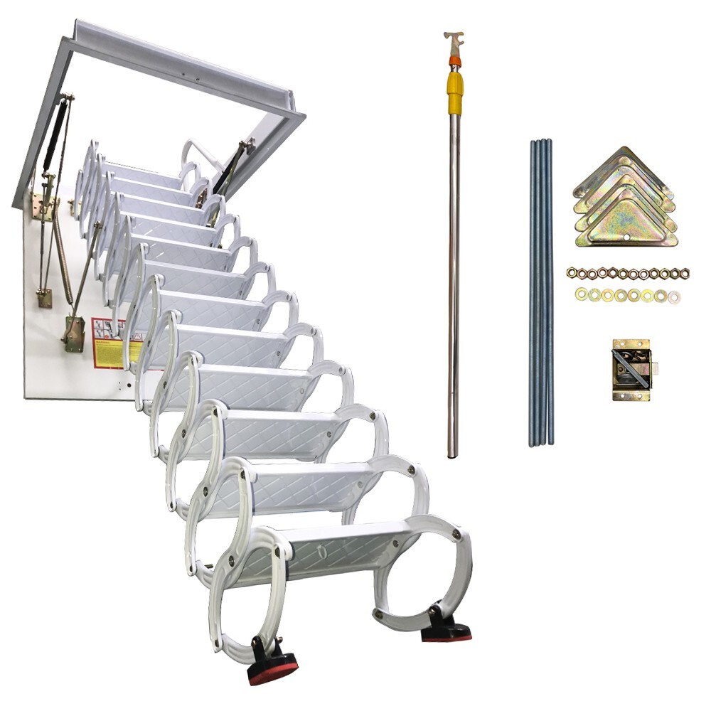 White Attic Pull Down Ceiling Ladder Stairs Folding Telescoping 600lbs 12 Steps