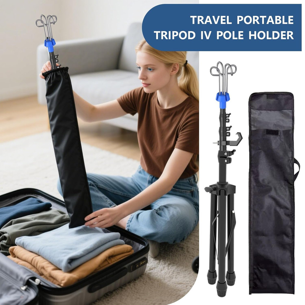 Foldable IV Pole Stand, Portable Telescoping Floor Stand with 4 Hooks, Height Ad