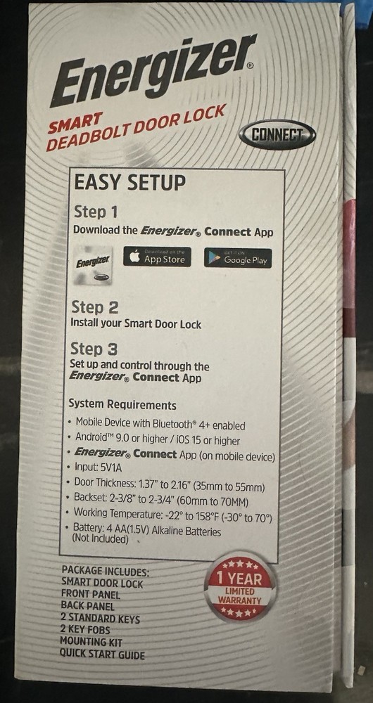 Energizer Smart Deadbolt Door Lock Fingerprint App Control Bluetooth