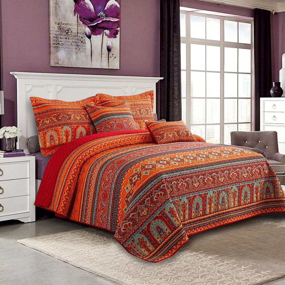 Cotton Quilt Queen Size Bedding Set 3 Pcs Boho Lightweight Bedding