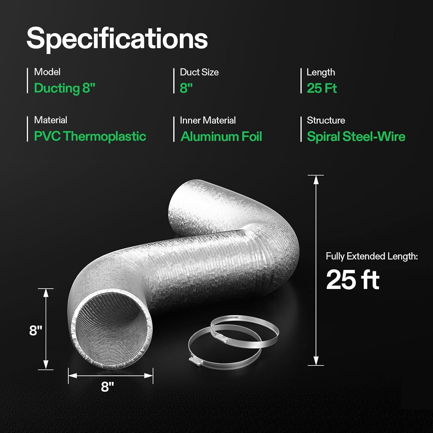 VIVOSUN 8" x 25Ft Flex Air Aluminum Ducting Dryer Vent Hose for HVAC w/ 2 Clamps