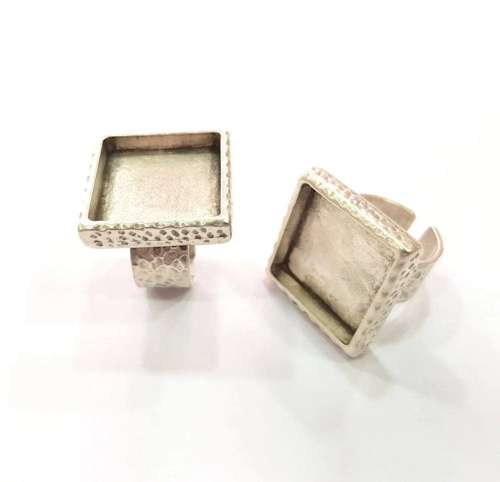Square Ring Blank Setting Cabochon Base inlay Bezel Adjustable Antique Silver