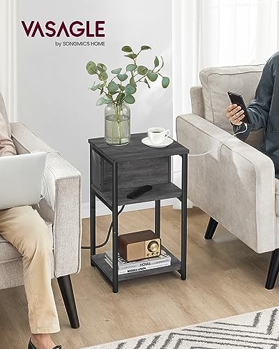 Side Table with Charging Station, 3-Tier End Table with USB Misty Gray + Black