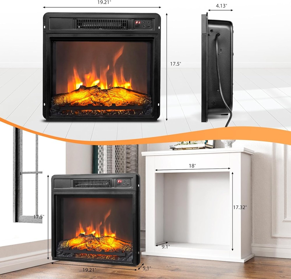18" Electric Fireplace Insert Heater w/Remote Control, 6 Color Adjustable Flames