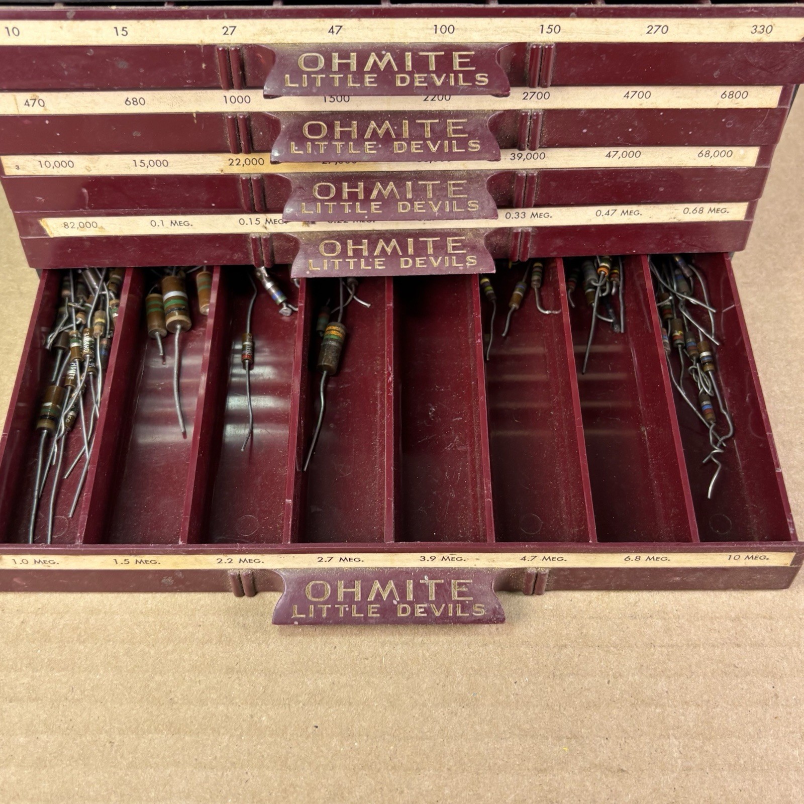 MASSIVE Lot of VTG NOS/USED Resistors w Ohmite Little Devils Storage Bin 9x5x4"