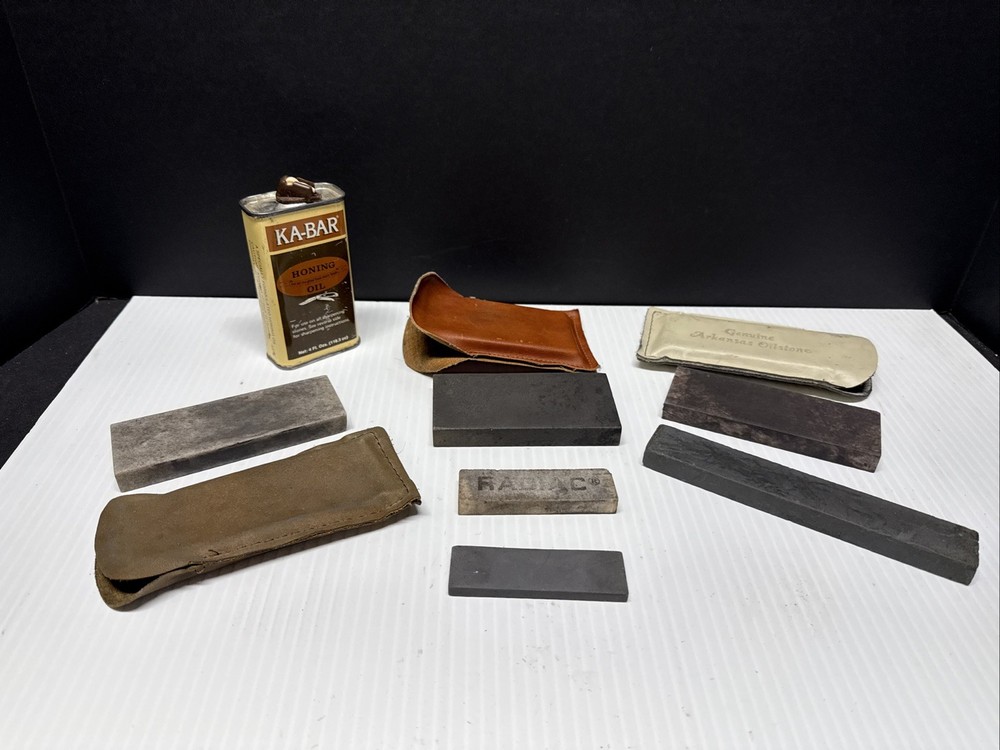 Six Sharpening Stones Some With Sheaths + Honing Oil (almost Empty)
