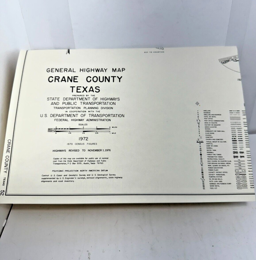1972 Texas CRANE County General Highway Map 18" x 25" Folded USDOT