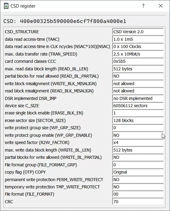 SD card toolbox PLUS. Read CID/CSD, set / remove password & write protection.
