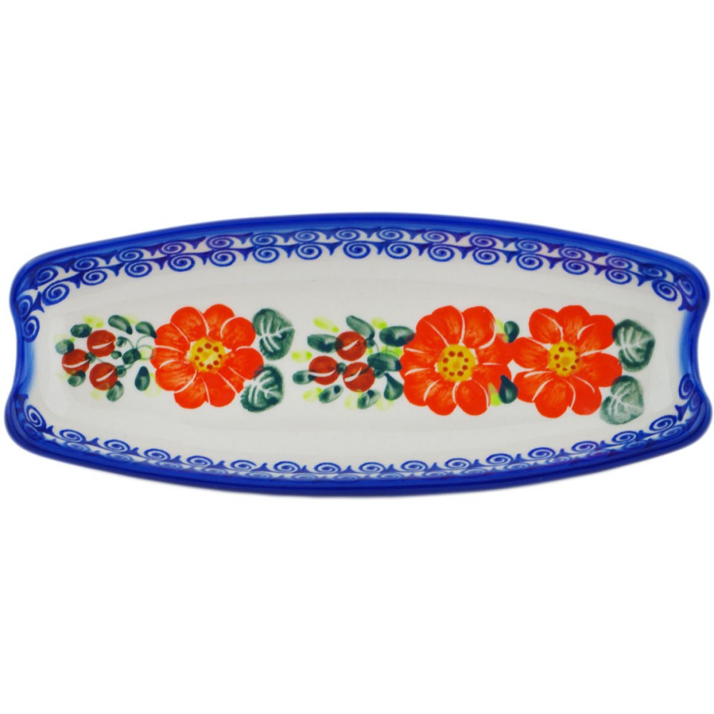 Polish Pottery Corn Tray 9" Red Blossom