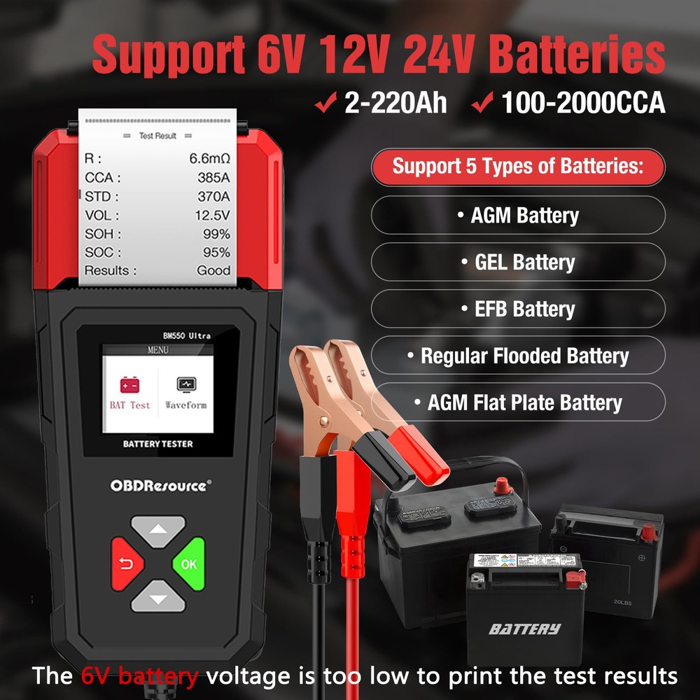 6V 12V 24V Car Battery Load Tester Auto Charging System Analyzer with Printer US