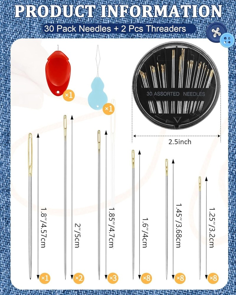 Compact 30-Count Embroidery Needles Set - Stainless Steel with Threaders