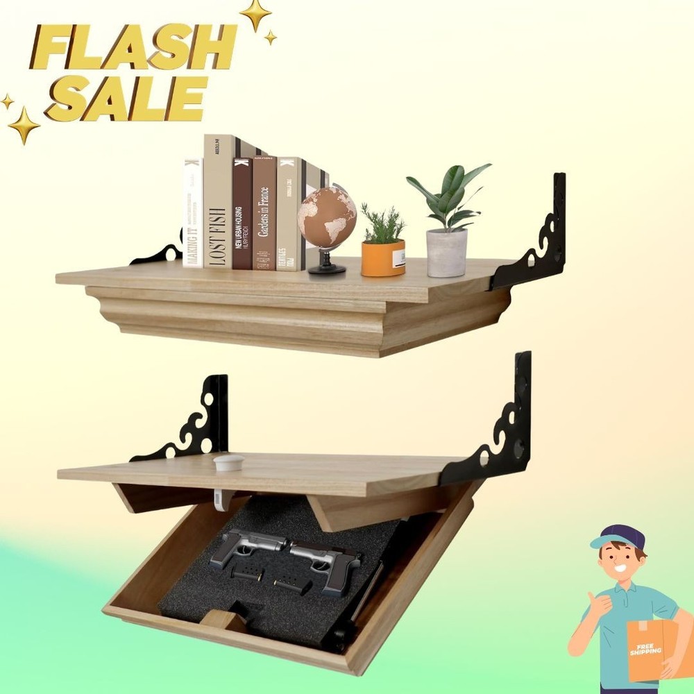 Hidden Gun Shelf Wall Mounted Locking Storage Solid Wood Secret Compartment