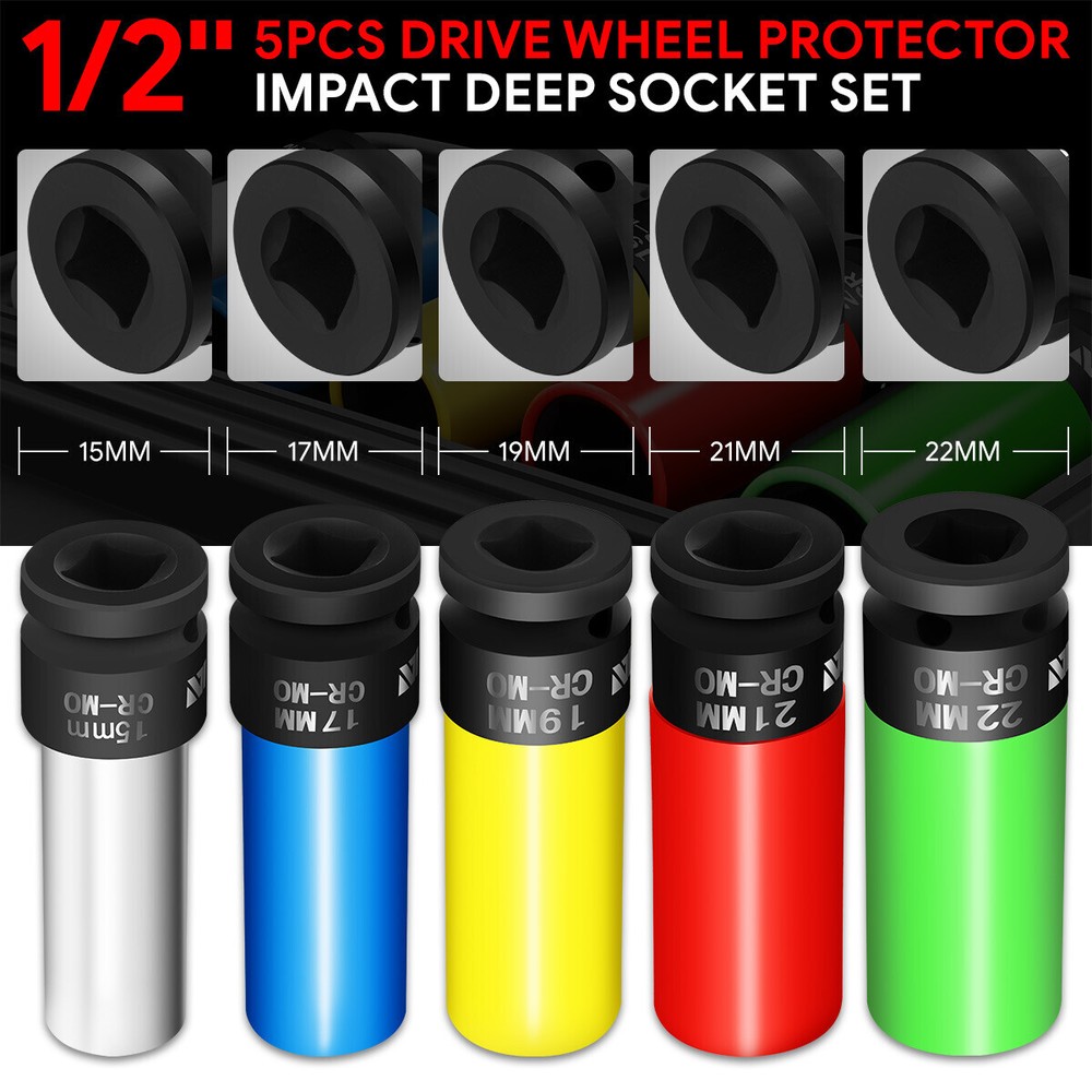 5Pcs 1/2" Drive Deep Impact Wheel Protector Lug Nut Bolt Socket Set w/Carry Case