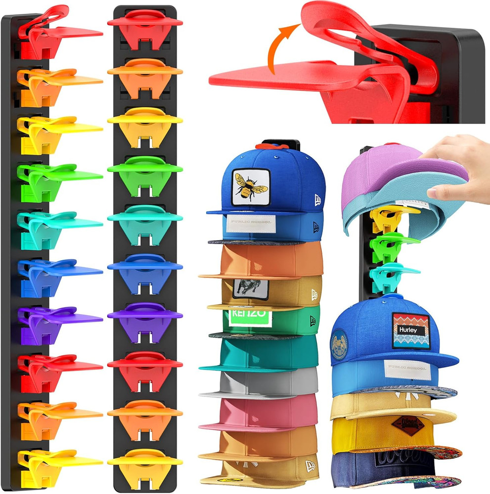 2 Pack Hat Organizer for Baseball Caps, Hat Rack for Wall (Rainbow)