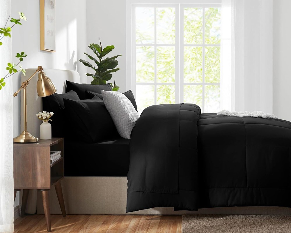 Black Queen 7-Piece Pocketed Bed Comforter Set Black Queen Bed Comforter Set