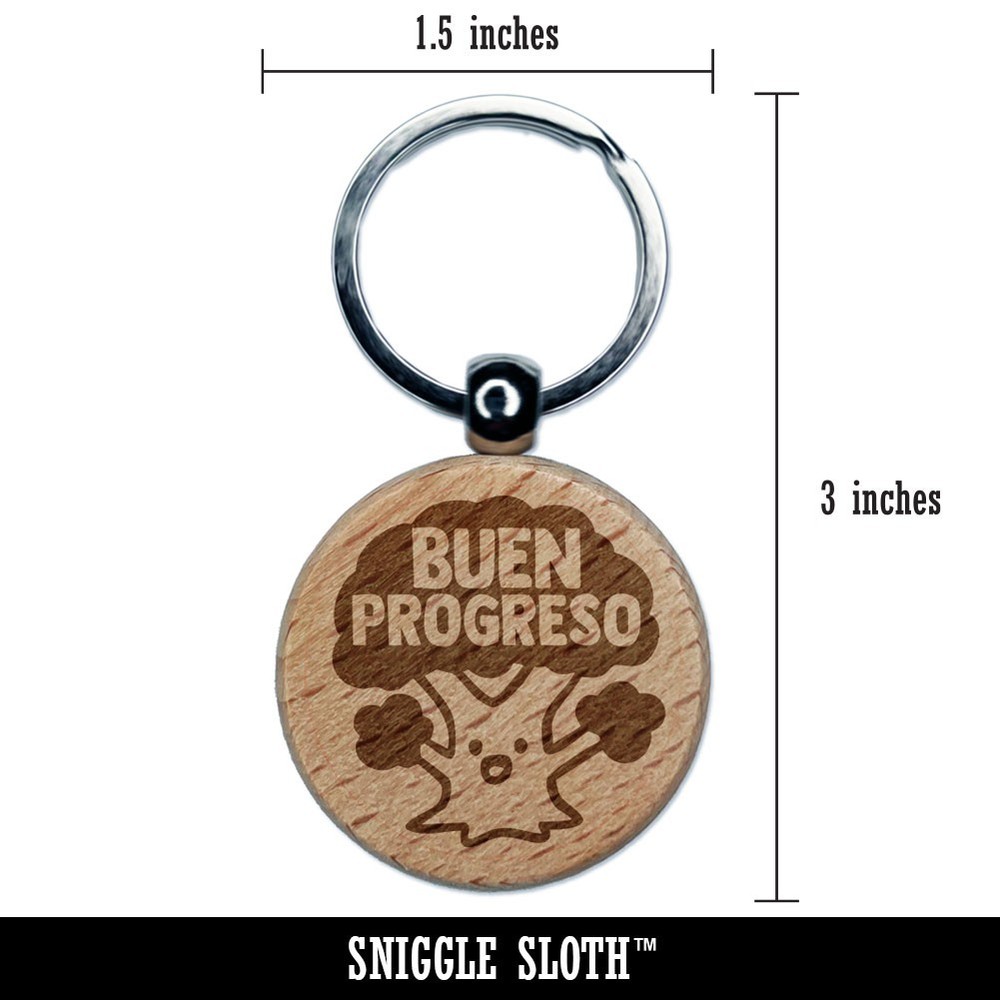 Buen Progreso Spanish Tree Engraved Wood Round Keychain Tag Charm